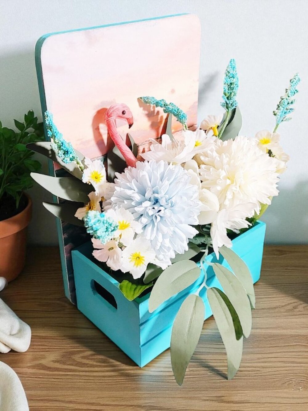 Summer Artificial Flower Arrangement in Wooden Decoupaged Planter - Picture 3 of 4